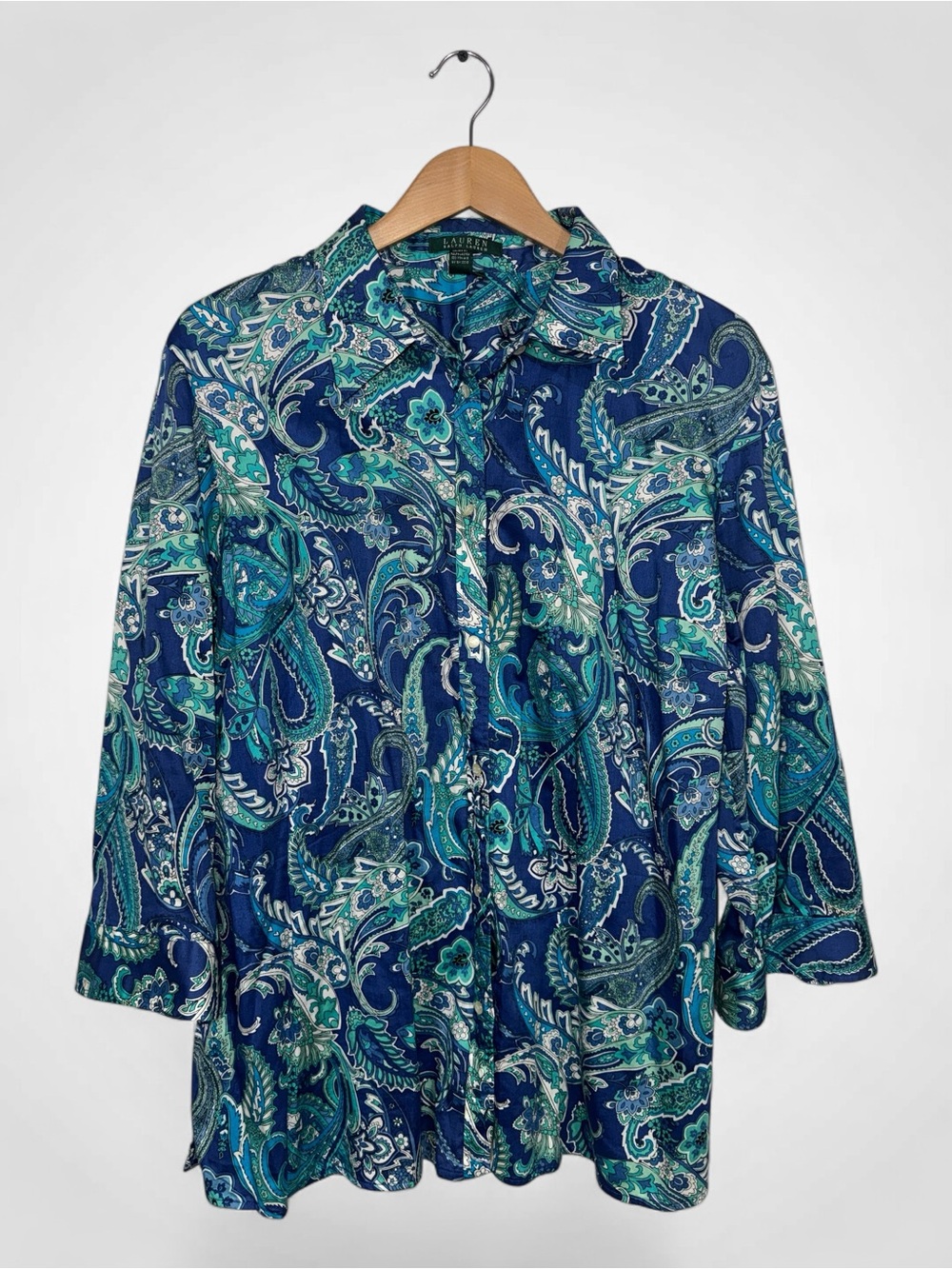 WSH12 {Ralph Lauren} Blue Green Paisley Floral Button Down Blouse Top Shirt
